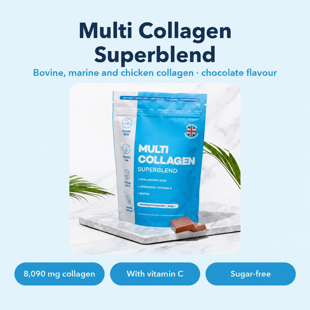 Multi Collagen Superblend : collagènes bovin, marin et de poulet, goût chocolat